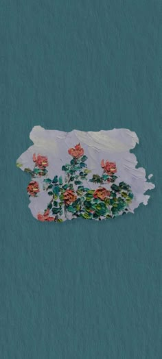 an abstract painting of flowers and leaves on a blue background with white paper in the shape of a map