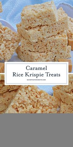 rice krispie treats stacked on top of each other with the words caramel rice krispies