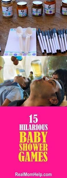 the top five popular baby shower games for boys and girls with text overlay that reads, 15 hilarious baby shower games