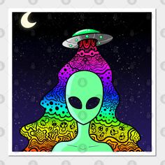 an alien with a spaceship on his head in front of a night sky and stars