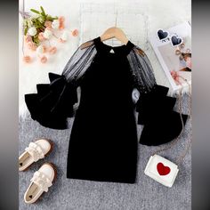 Black Suede Kids Dress In Size 5 And 6. Missed The Return Window So The Dresses Are Brand New! Traditional Dresses Black, Shein Dress Formal, Black Dress For Kids, Sequin Kids Dress, Pink Bow Dress, Frocks For Kids, Dusty Pink Dresses, Girls Applique, Dress Layered