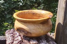 a wooden bowl sitting on top of a tree stump