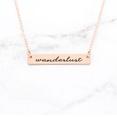 Wanderlust - Gold Quote Bar Necklace - Miraposa Rose Gold Quotes, Psalms 27, Silver Quotes, Dainty Bar Necklace, Gold Bar Necklace Personalized, Bible Verse Necklace, Horizontal Bar Necklace, Rose Gold Bar, Engraved Bar Necklace