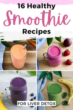 4 images of healthy smoothies including a carrot smoothie, strawberry beet smoothie, blueberry smoothie and banana spinach smoothie. Cleansing Smoothies, Detox For Kids