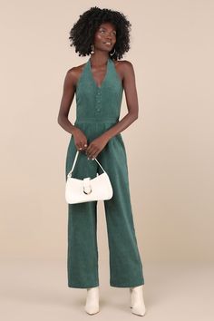 Charisma knows no bounds when you and the Lulus Charming Agenda Dark Green Corduroy Halter Jumpsuit pair up! Soft and sturdy corduroy shapes a flirty halter neckline (that secures with twin button closures) and an open-back bodice with a decorative partial button placket. The high, banded waist sits atop straight pant legs with full-length hems. Hidden no-slip strips and hidden zipper/clasp at the back. Fit: This garment fits true to size. Length: Ankle length. Size medium measures 59" from top Halter Jumpsuit, Green Corduroy, Adhesive Bra, Strapless Bra, Halter Neckline, Straight Pants, Cup Size, Button Placket, Hidden Zipper