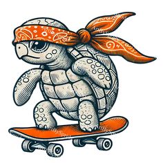 a drawing of a turtle wearing a bandana on top of a skateboard