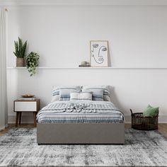 a bed sitting on top of a white rug in a bedroom