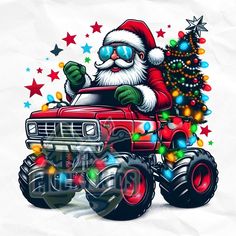 a cartoon santa clause driving a red monster truck with christmas lights on it's tires