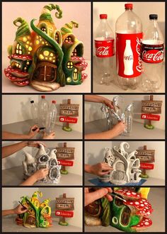 there are many pictures of different things made out of plastic bottles