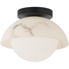 a white and black light fixture with marbled glass on the top, against a white background