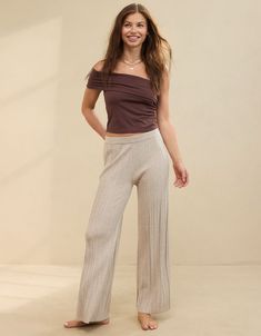 Aerie High Waisted Sweater Pant Ribbed Sweatpants For Fall Loungewear, Casual Ribbed Sweatpants For Loungewear, Spring Ribbed Sweatpants For Loungewear, Spring Knit Pants For Loungewear, Casual Ribbed Bottoms For Lounging, Casual Soft Knit Bottoms For Loungewear, Trendy Ribbed Pants For Loungewear, Trendy Knit Bottoms For Loungewear, Casual Fall Lounging Bottoms