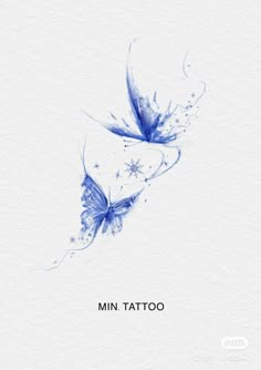 a blue butterfly with the words mini tattoo on it's back and wings flying in the air