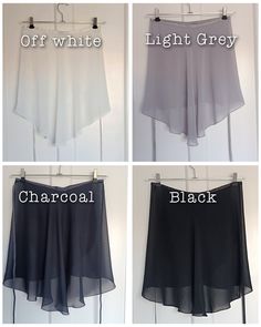 MONOCHROME shades belongs to most universal colours of ballet skirts. It's staple to go to, whether you are beginner or professional. White, black or grey has always its place in dancer's wardrobe.    The skirts are cut into flattering high- low shape, longer at the back, floating  around enhancing the movement. Ribbon is used as waistband.  Standard sizes : S size: back length 16, waist 36'                               M size: back length 19' ; waist 39' Please give a little variation to a size ( 1') , since it's all handmade.  L size is made to order ONLY with max. back length 23'. Please always send me your actual waist measurement when placing your order. Bear in mind, that these are wrap-around skirts, although generous in waist line, it'll depends on your size how it'll fit.  Please Ballet Skirts, Skirts Wrap, Skirt Chiffon, Wrap Around Skirt, Dark Shades, Chiffon Skirt, Wrap Skirt, Charcoal Grey, High & Low