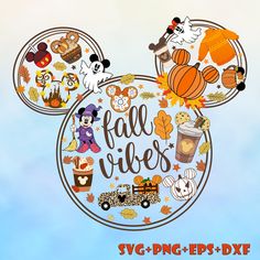 a mickey mouse head with the words fall vibes on it's face, surrounded by other disney characters