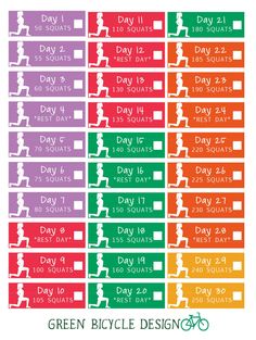 the green bicycle design day schedule is shown in different colors and sizes, including one for each