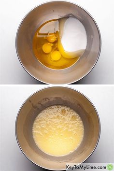 two bowls with different ingredients in them on top of a white tablecloth and bottom of the same bowl filled with liquid