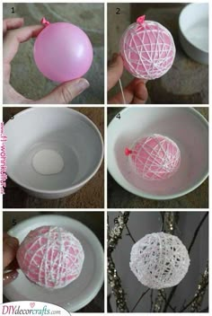 instructions to make an ornament out of string and plastic balls for christmas tree ornaments