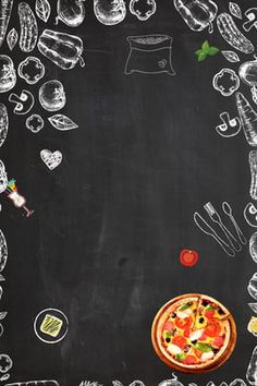 a chalk board with pizza on it next to utensils and other food items