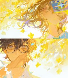 two anime characters one with glasses and the other with yellow flowers on his head, both staring at each other