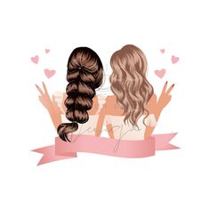 two girls with long hair are hugging each other and holding their hands in the air