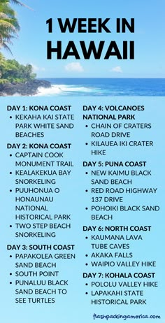 a poster with the words 1 week in hawaii on it and an image of a beach