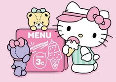 the hello kitty menu is displayed with an ice cream cone and two stuffed animals next to it