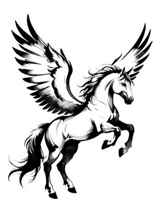 a black and white drawing of a horse with wings