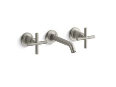 two wall mounted faucets with cross handles in satin stainless finish, one on each side