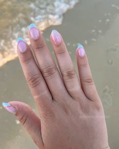 Light blue and coral nails - got these for a beach vacation and am obsessed! Nail Ideas On Real Nails, Simple Beach Nail Ideas, Vacation Nails For Mexico, Gel Nails Ideas Short Design, French Tips With Starfish, Acrylic Nails For Beach, Oval Beach Nails, Nail Inspo August 2024, Nail Ideas Beach Vacation