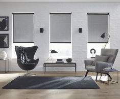 Contemporary living room with blackout roller shades from Blinds.com Minimalistic Blinds, Solar Roller Shade, Blackout Roller Shades, Custom Window Coverings, Blackout Shades, Window Casing, Solar Shades, Salon Suites, Custom Shades