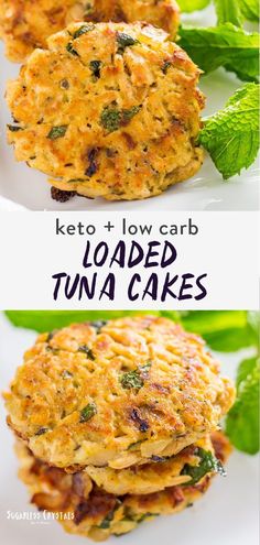 two pictures of food with the words keto and low carb loaded tuna cakes