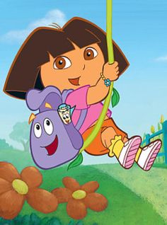 dora the explorer is holding on to a rope with her stuffed animal in it's lap