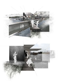 an artistic collage of people walking on a bridge