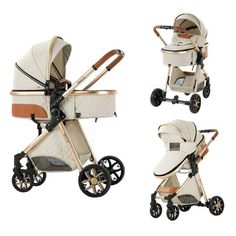 three different views of a baby stroller with wheels and seat, both in white and brown