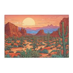 a desert scene with cactus trees and mountains in the background at sunset, framed by an acrylic painting