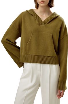 This cropped drop-shoulder sleeve hoodie is made of 70% wool and 30% cashmere and has a loose fit. It features ribbed cuffs and edges, and a classic kangaroo pocket. Pair it with structured jeans, wide-leg wool pants or skirts, or knitted cashmere pants. 70% Wool+30% Cashmere Dropped Shoulder Sleeves#Kangaroo pocket Loose Fit Ribbed Cuffs and Hems Green Better Sweater, Cashmere Pants, Hoodie For Women, Fall Denim, Jeans Wide, Silk Knit, Avocado Green, Silk Charmeuse, Wool Pants