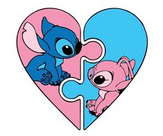 a heart shaped puzzle with two cartoon characters on it, one is blue and the other is pink