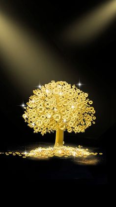 a golden tree with lots of gold coins on it's trunk in the dark