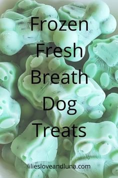 frozen fresh breath dog treats in a bowl with text overlay that reads, frozen fresh breath dog treats