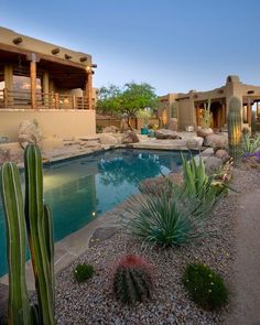 an outdoor swimming pool surrounded by cactus and cacti in front of a house