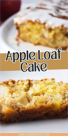 an apple loaf cake on a plate with the words apples loaf cake in front of it