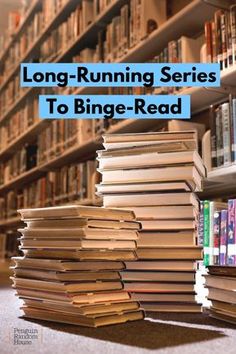 a pile of books sitting on the ground in front of a book shelf with text overlay