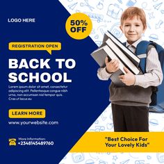 the back to school flyer is shown with a young boy holding books and smiling at the camera