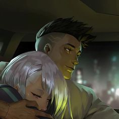 an animated image of two people hugging each other in the back seat of a car