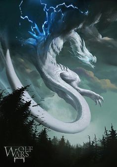 a large white dragon flying through the air next to some trees and lightnings in the sky