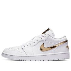 Womens Nike Air Jordan 1 Low SE "White Metallic Gold" Shiny gold Swoosh, Shiny gold tongue tag, Shiny gold Wings logo. (AJ1/SNKR/Low Top/Women's/Basketball/Wear-resistant) Goddess Costumes, Gold Nike Shoes, White And Gold Shoes, Jordan 1 Low White, Floral Print Shoes, Wmns Air Jordan 1, White Nike Shoes, Sport Clothes, Nike Air Jordan 1 Low