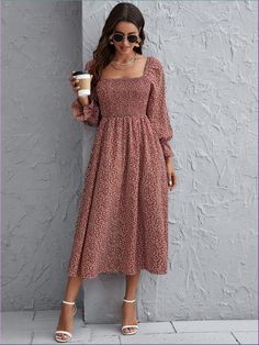 I discovered amazing products on SHEIN.com, come check them out! Red Long Sleeve Midi Dress, Midi Floral Dress, Preppy Fall Outfits, Plants Print, Stylish Maternity Outfits, Frilly Dresses, Easy Winter Outfit, Long Sleeve Blouse Pattern, Smocked Dress