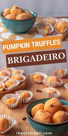 pumpkin truffles in small blue bowls on a wooden table with paper muffins