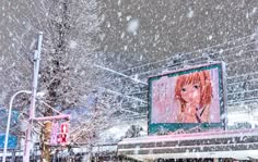 a billboard is covered with snow in the middle of winter