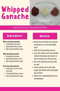 the recipe for whipped ganache is displayed on a white plate with pink trimmings